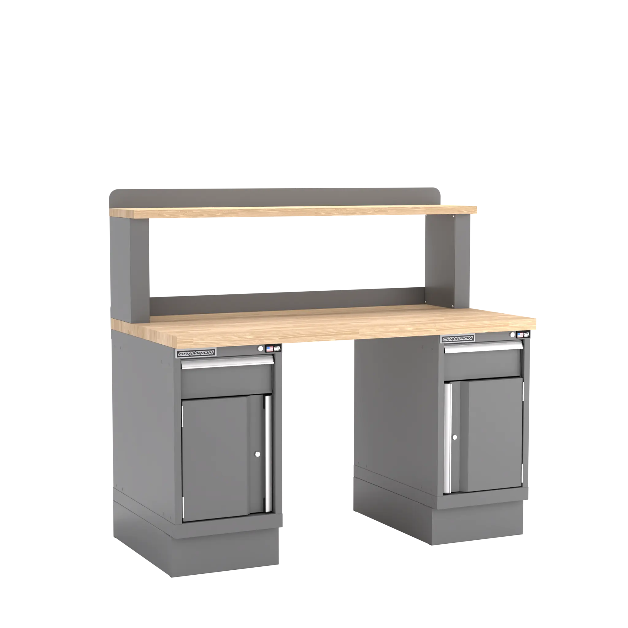 Champion Tool Industrial Workbench with Two Preconfigured 2-Drawer/Door Cabinets and Riser Shelf, 60 W x 35-1/4 H x 30 D in - CM WB701-B6030 Champion Tool Storage