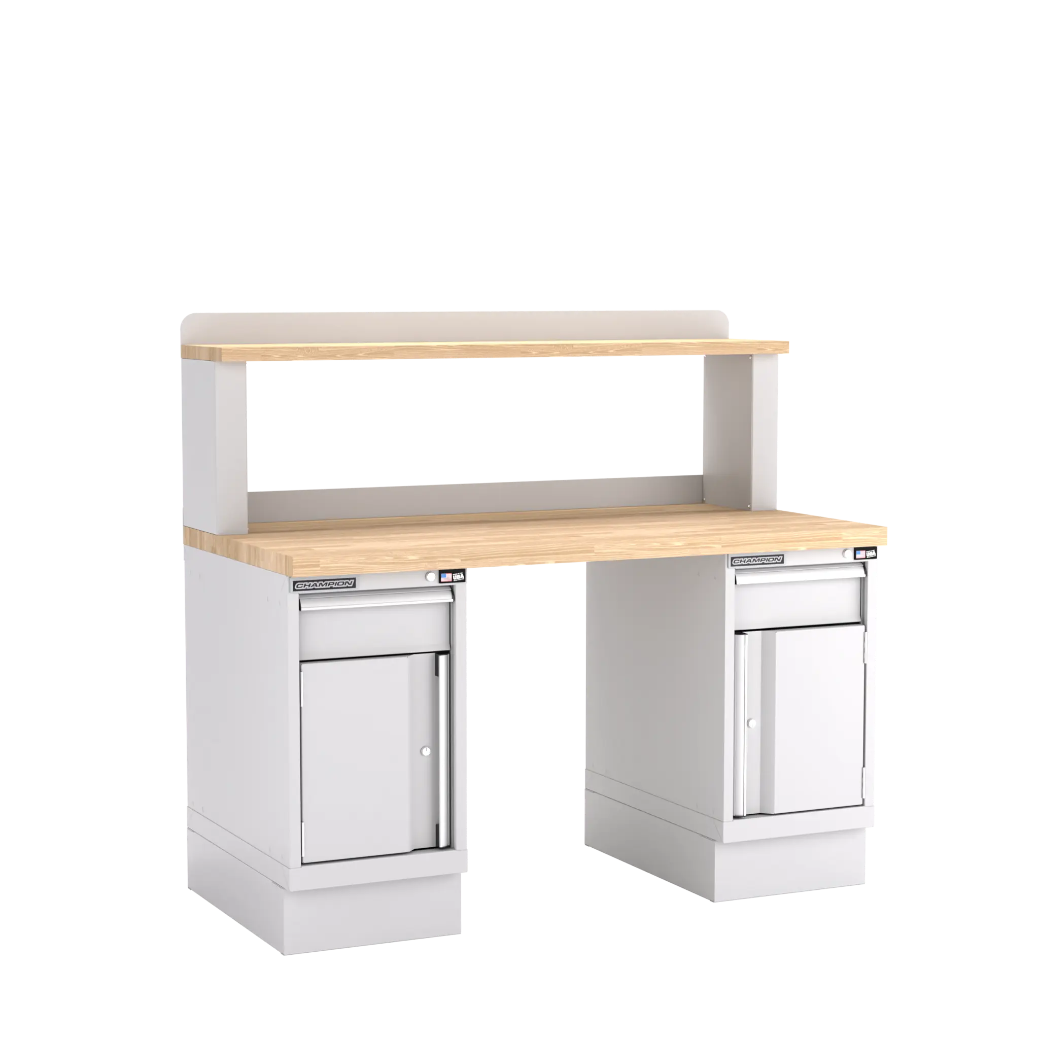 Champion Tool Industrial Workbench with Two Preconfigured 2-Drawer/Door Cabinets and Riser Shelf, 60 W x 35-1/4 H x 30 D in - CM WB701-B6030 Champion Tool Storage