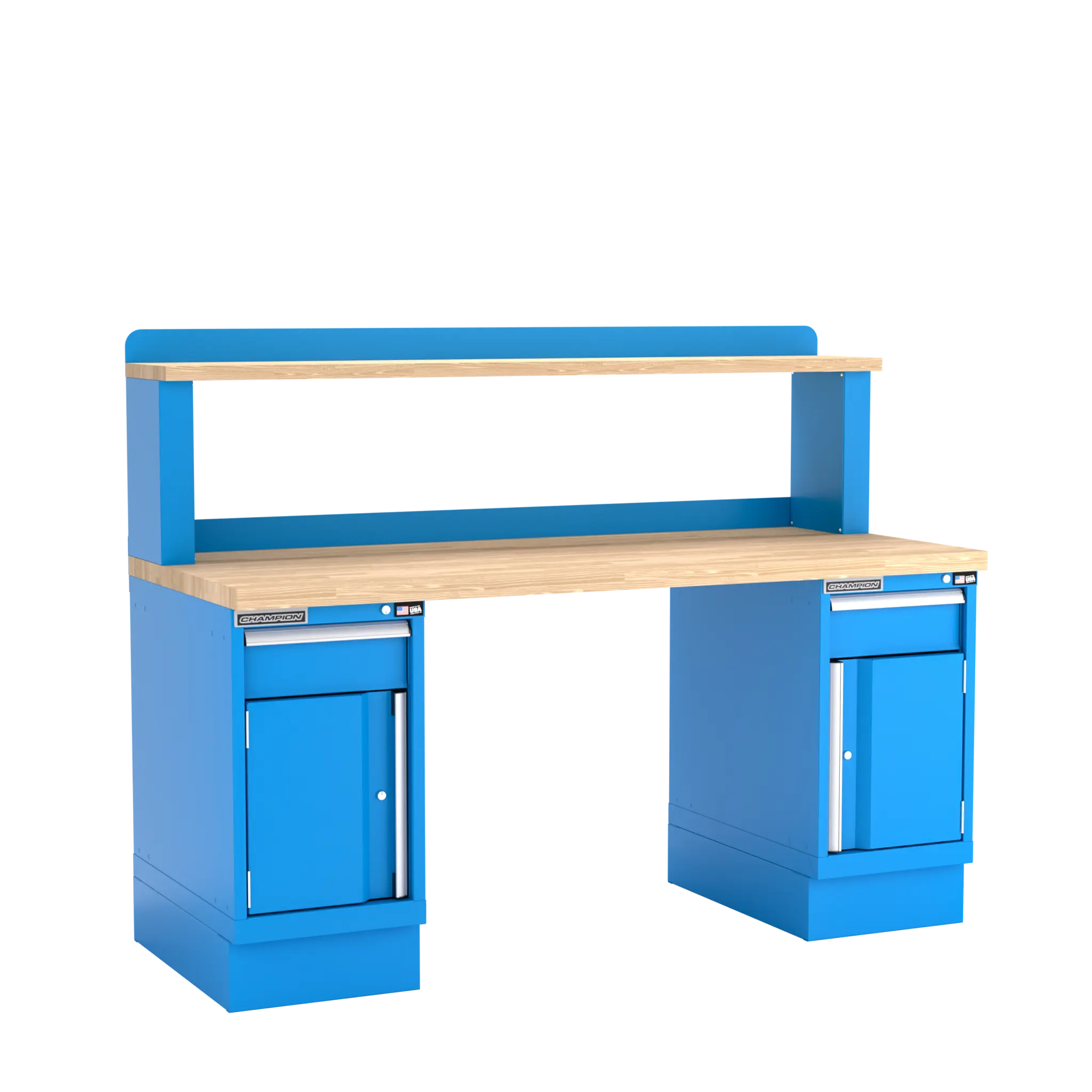 Champion Tool Industrial Workbench with Two Preconfigured 2-Drawer/Door Cabinets and Riser Shelf, 72 W x 35-1/4 H x 30 D in - CM WB701-B7230 Champion Tool Storage