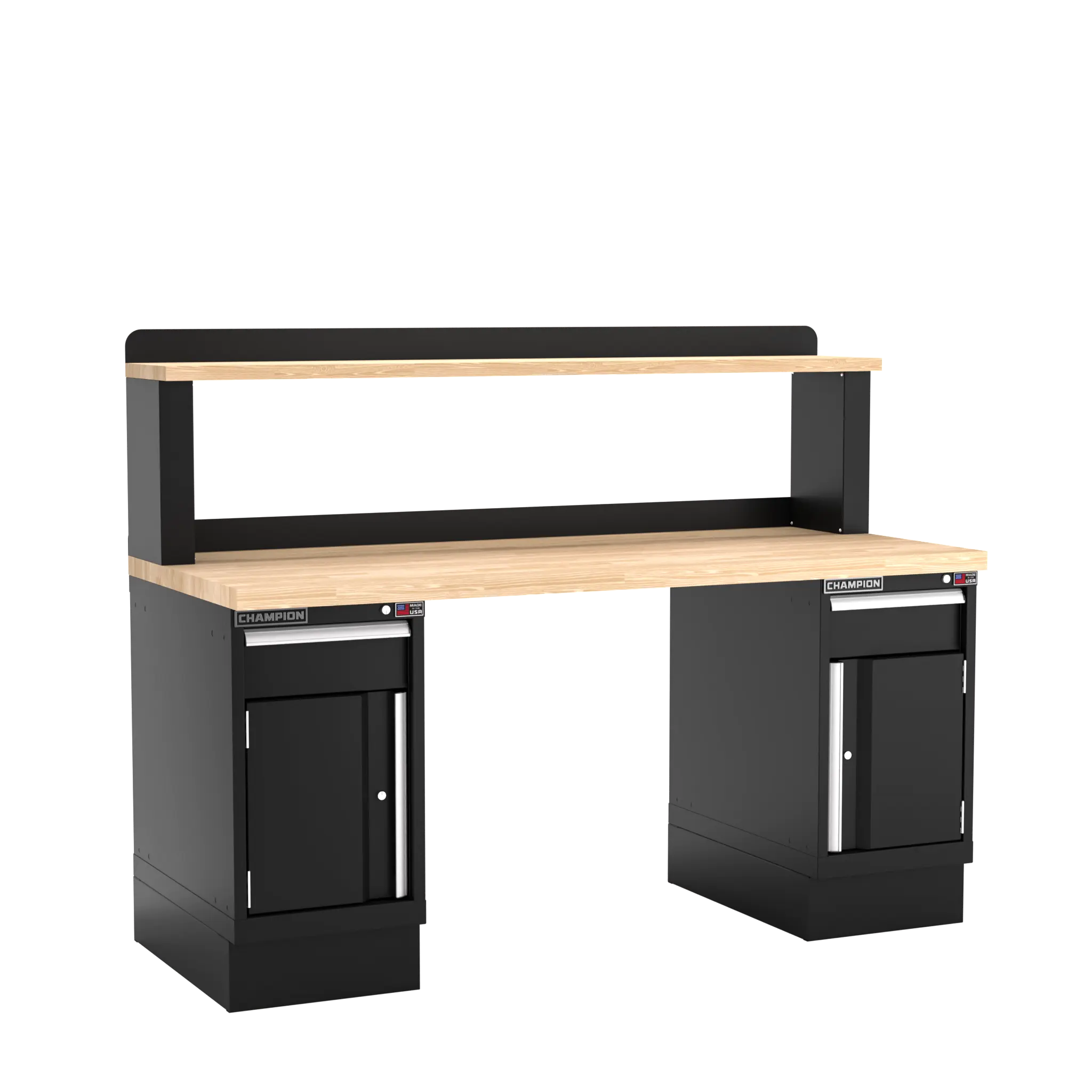 Champion Tool Industrial Workbench with Two Preconfigured 2-Drawer/Door Cabinets and Riser Shelf, 72 W x 35-1/4 H x 30 D in - CM WB701-B7230 Champion Tool Storage