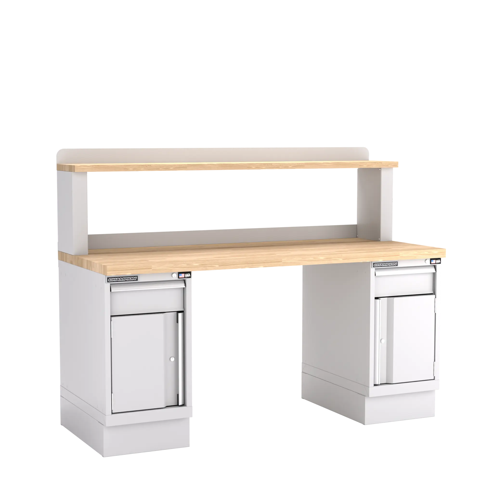 Champion Tool Industrial Workbench with Two Preconfigured 2-Drawer/Door Cabinets and Riser Shelf, 72 W x 35-1/4 H x 30 D in - CM WB701-B7230 Champion Tool Storage