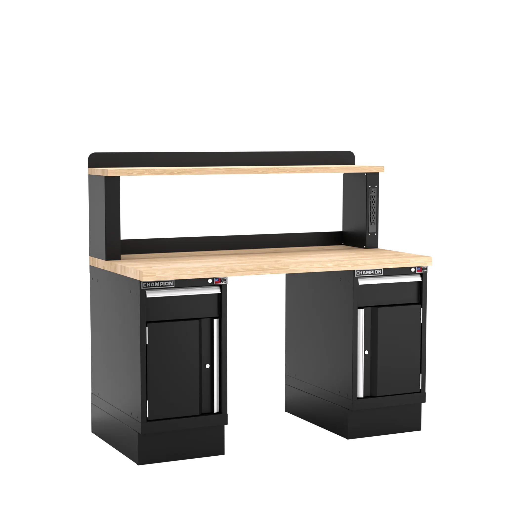 Champion Tool Industrial Workbench with Two Preconfigured 2-Drawer/Door Cabinets and Power Riser Shelf, 60 W x 35-1/4 H x 30 D in - CM WB702-B6030 Champion Tool Storage