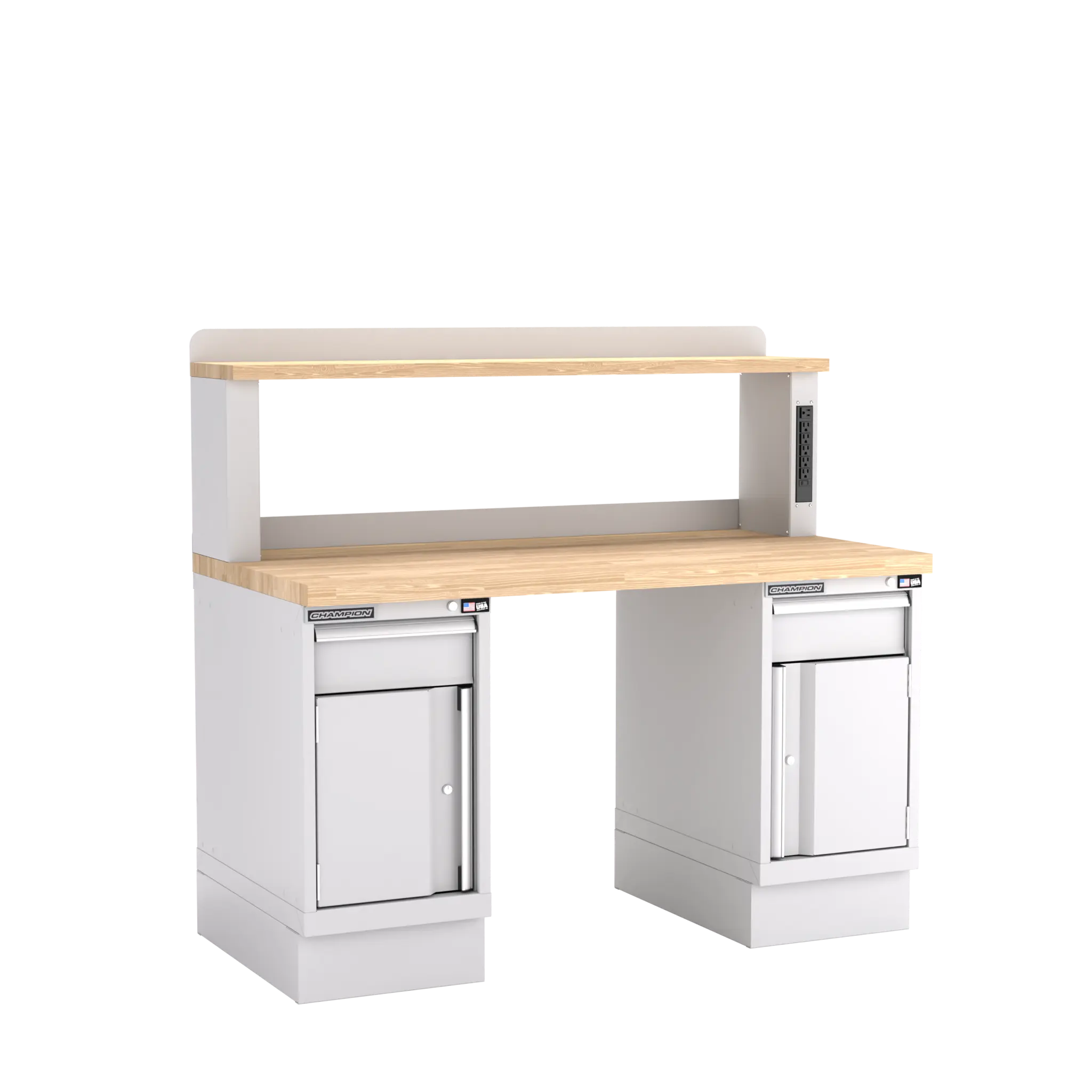 Champion Tool Industrial Workbench with Two Preconfigured 2-Drawer/Door Cabinets and Power Riser Shelf, 60 W x 35-1/4 H x 30 D in - CM WB702-B6030 Champion Tool Storage