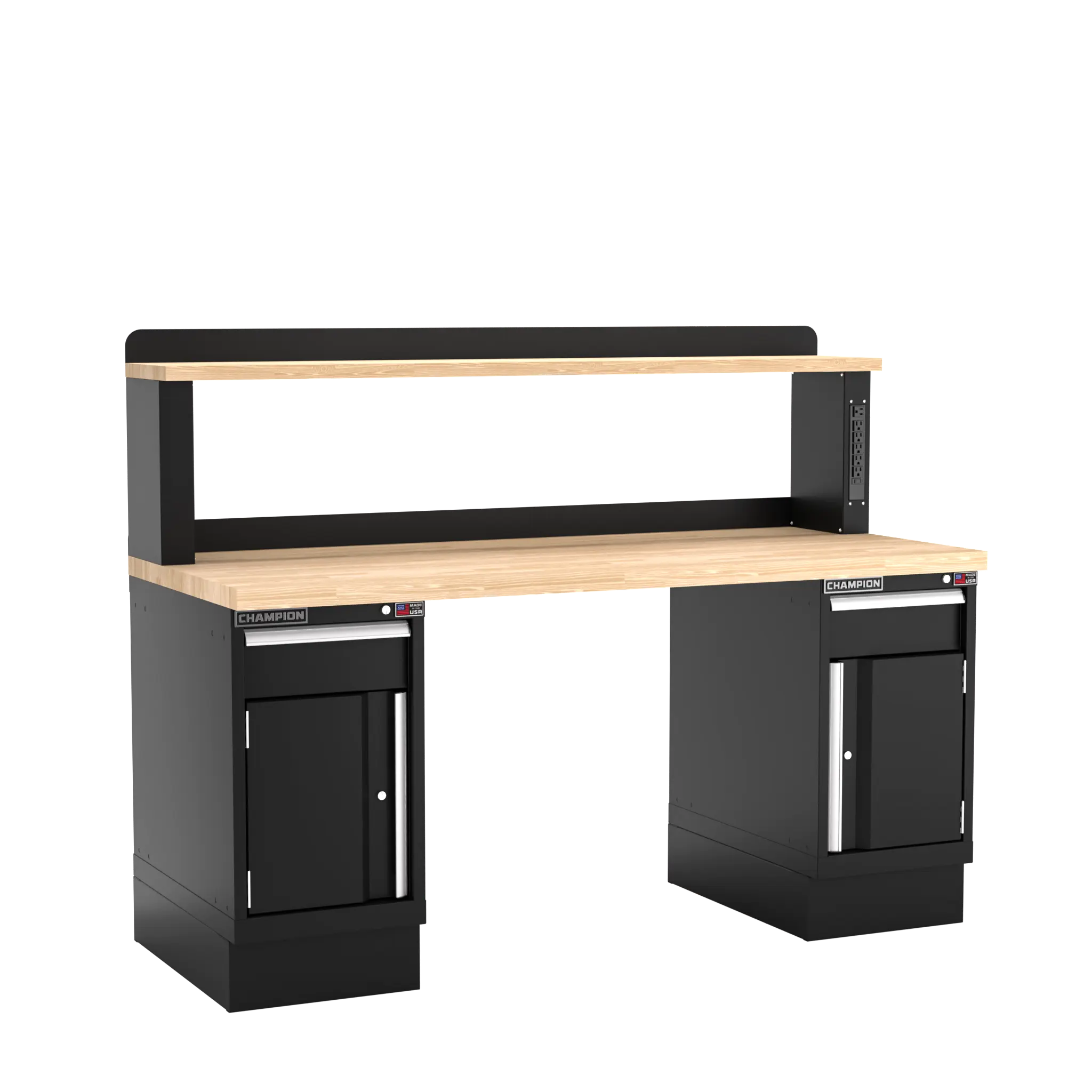 Champion Tool Industrial Workbench with Two Preconfigured 2-Drawer/Door Cabinets and Power Riser Shelf, 72 W x 35-1/4 H x 30 D in - CM WB702-B7230 Champion Tool Storage