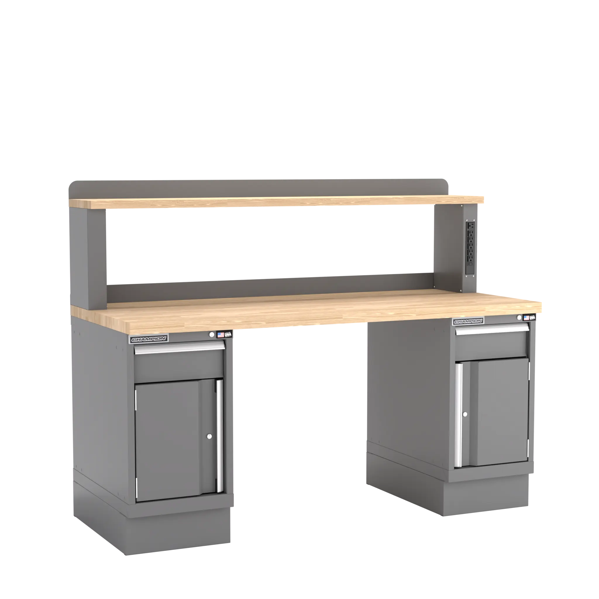Champion Tool Industrial Workbench with Two Preconfigured 2-Drawer/Door Cabinets and Power Riser Shelf, 72 W x 35-1/4 H x 30 D in - CM WB702-B7230 Champion Tool Storage