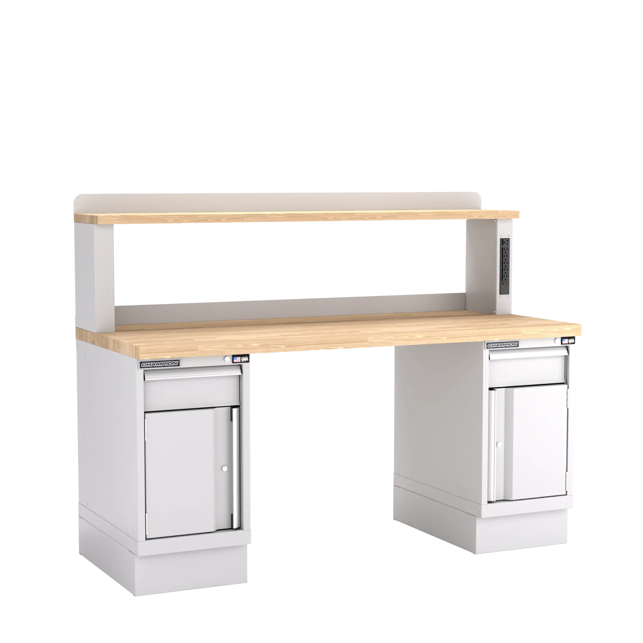 Champion Tool Industrial Workbench with Two Preconfigured 2-Drawer/Door Cabinets and Power Riser Shelf, 72 W x 35-1/4 H x 30 D in - CM WB702-B7230 Champion Tool Storage