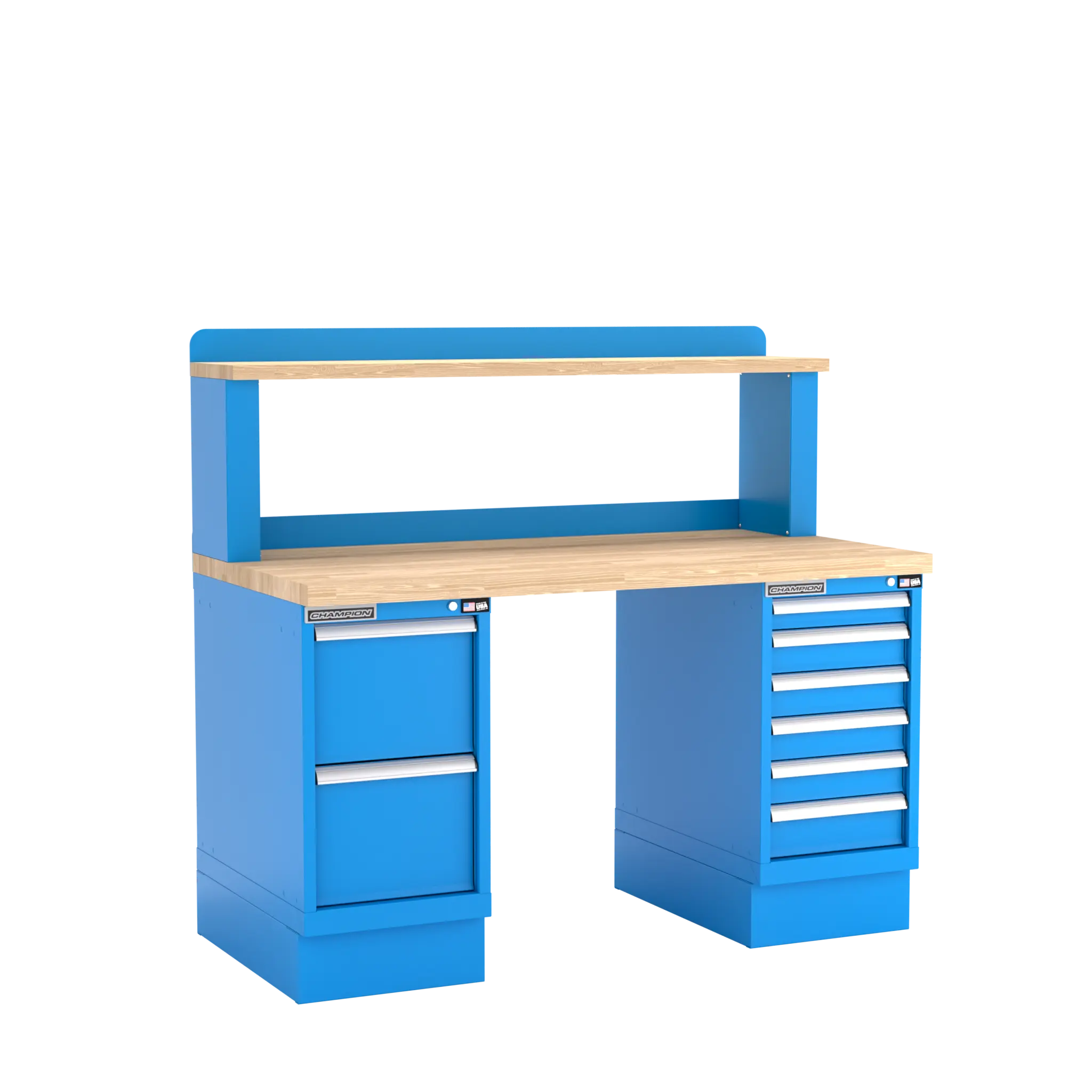 Champion Tool Industrial Workbench with Two Preconfigured 8-Drawer Cabinets and Riser Shelf, 60 W x 35-1/4 H x 30 D in - CM WB801-B6030 Champion Tool Storage