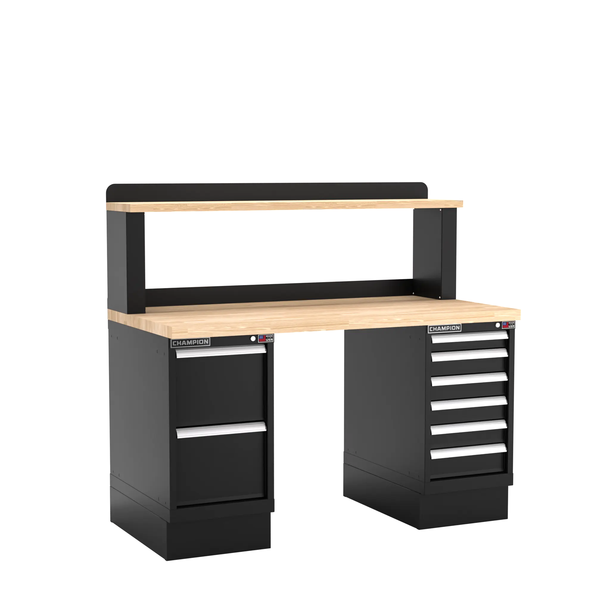 Champion Tool Industrial Workbench with Two Preconfigured 8-Drawer Cabinets and Riser Shelf, 60 W x 35-1/4 H x 30 D in - CM WB801-B6030 Champion Tool Storage