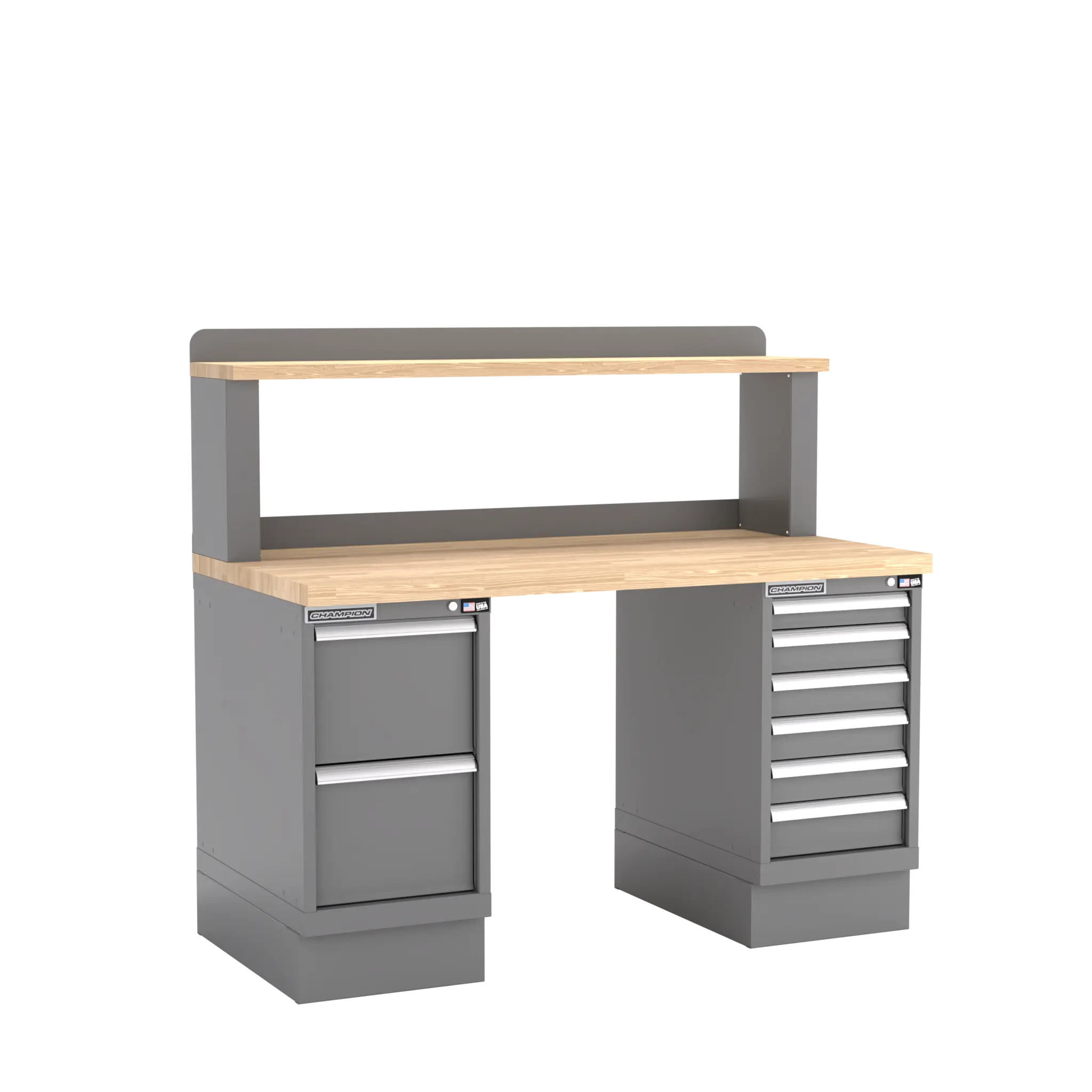 Champion Tool Industrial Workbench with Two Preconfigured 8-Drawer Cabinets and Riser Shelf, 60 W x 35-1/4 H x 30 D in - CM WB801-B6030 Champion Tool Storage