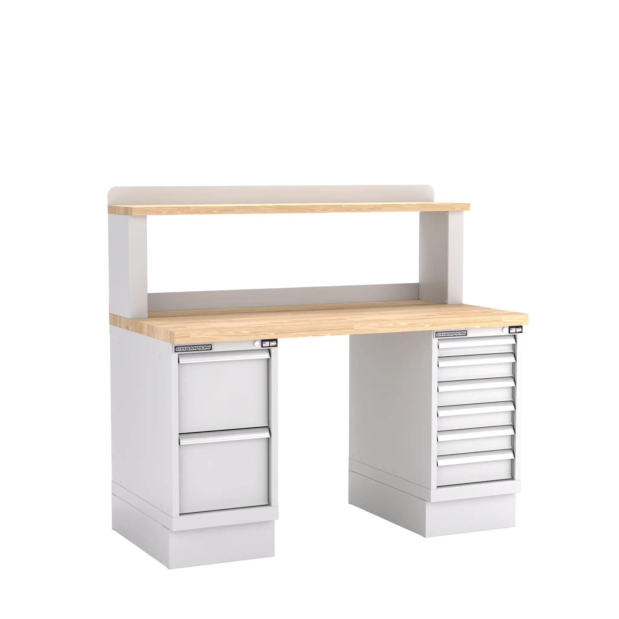 Champion Tool Industrial Workbench with Two Preconfigured 8-Drawer Cabinets and Riser Shelf, 60 W x 35-1/4 H x 30 D in - CM WB801-B6030 Champion Tool Storage