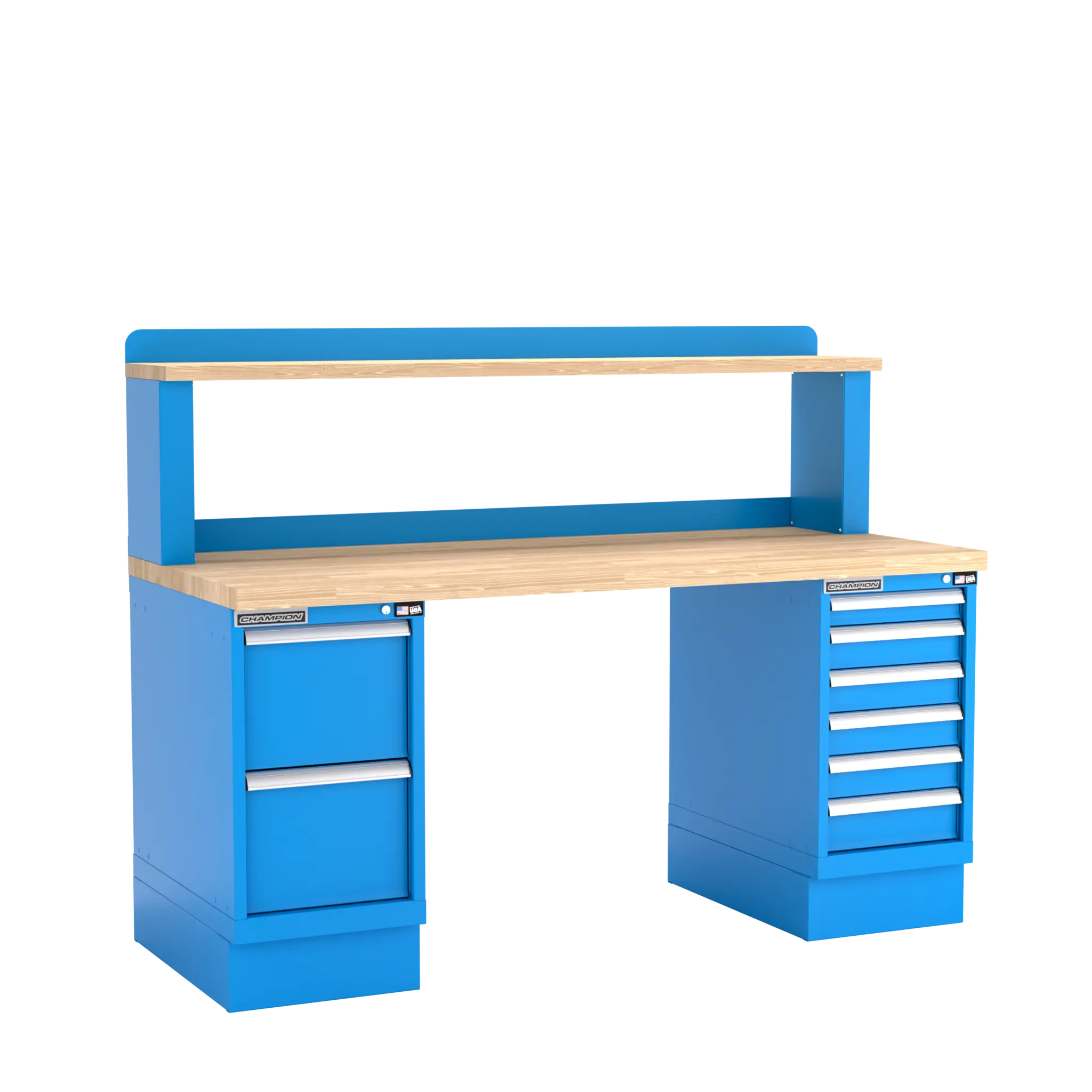 Champion Tool Industrial Workbench with Two Preconfigured 8-Drawer Cabinets and Riser Shelf, 72 W x 35-1/4 H x 30 D in - CM WB801-B7230 Champion Tool Storage