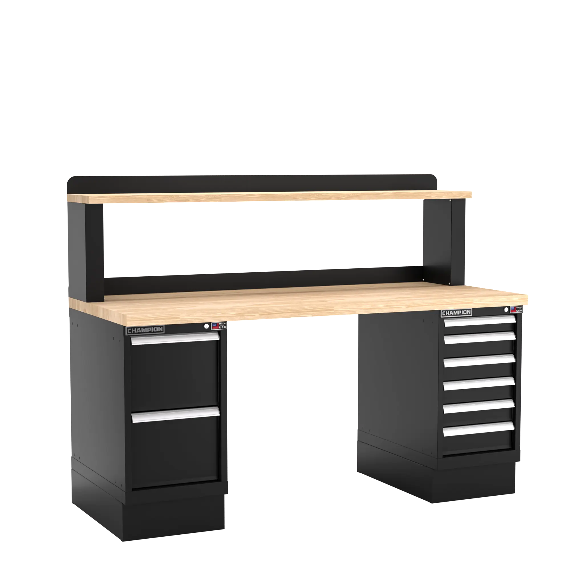 Champion Tool Industrial Workbench with Two Preconfigured 8-Drawer Cabinets and Riser Shelf, 72 W x 35-1/4 H x 30 D in - CM WB801-B7230 Champion Tool Storage