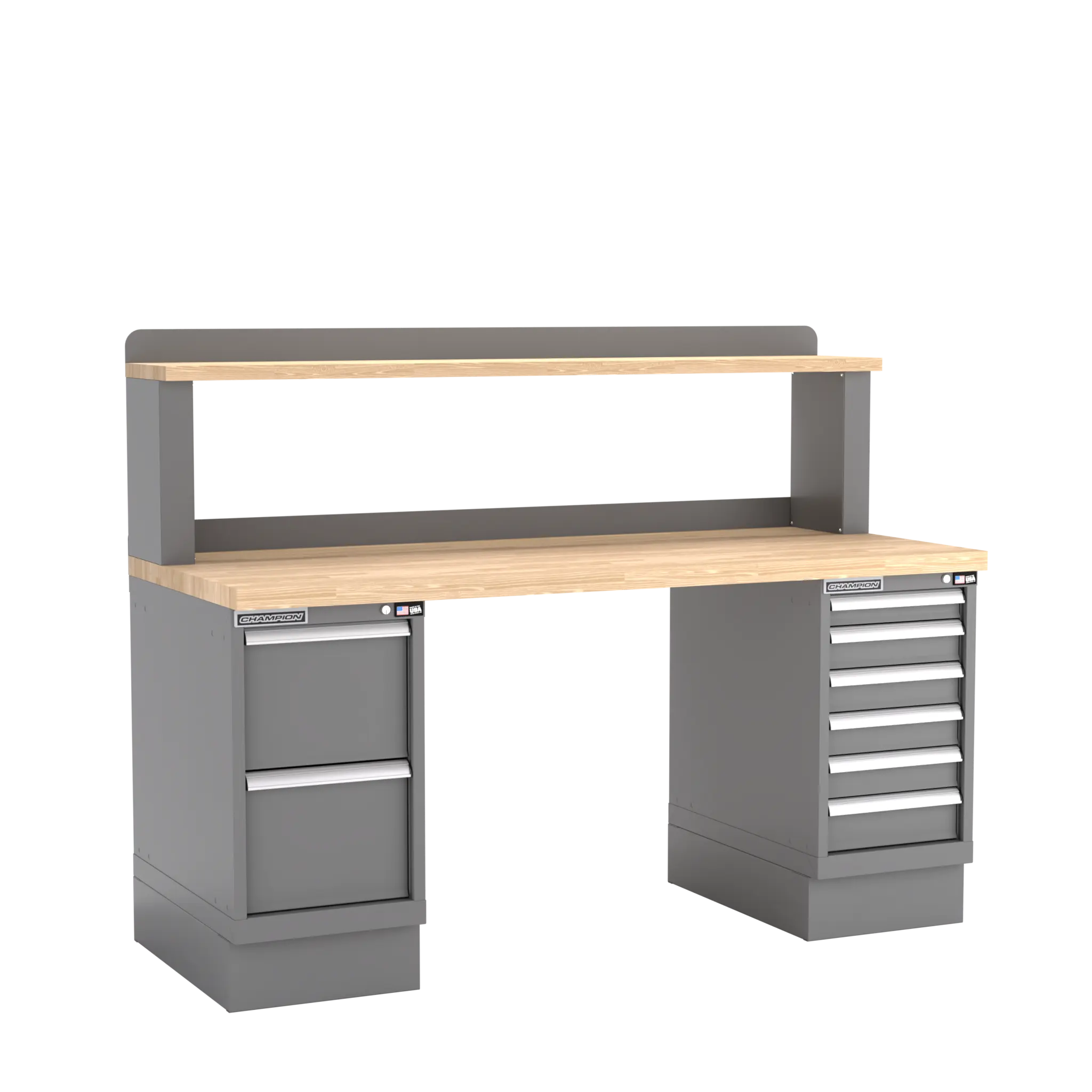 Champion Tool Industrial Workbench with Two Preconfigured 8-Drawer Cabinets and Riser Shelf, 72 W x 35-1/4 H x 30 D in - CM WB801-B7230 Champion Tool Storage