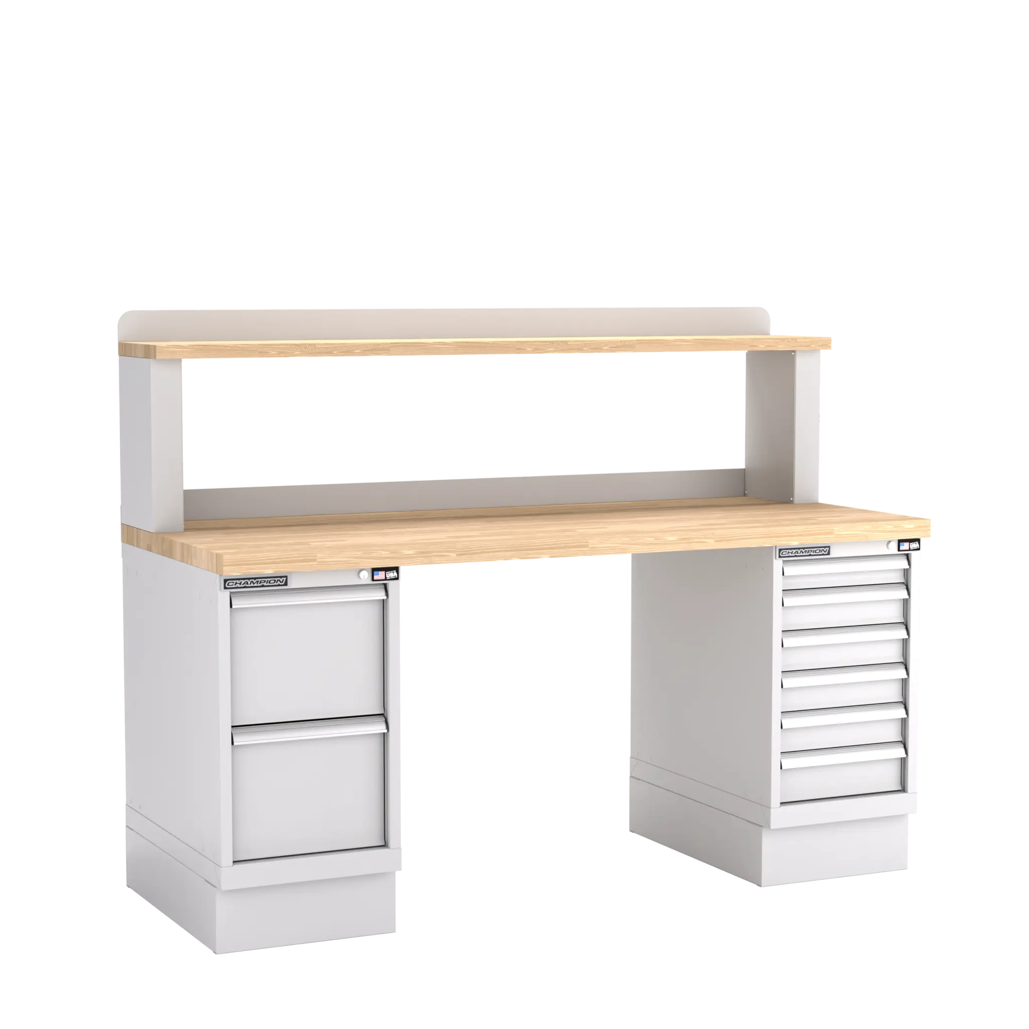 Champion Tool Industrial Workbench with Two Preconfigured 8-Drawer Cabinets and Riser Shelf, 72 W x 35-1/4 H x 30 D in - CM WB801-B7230 Champion Tool Storage