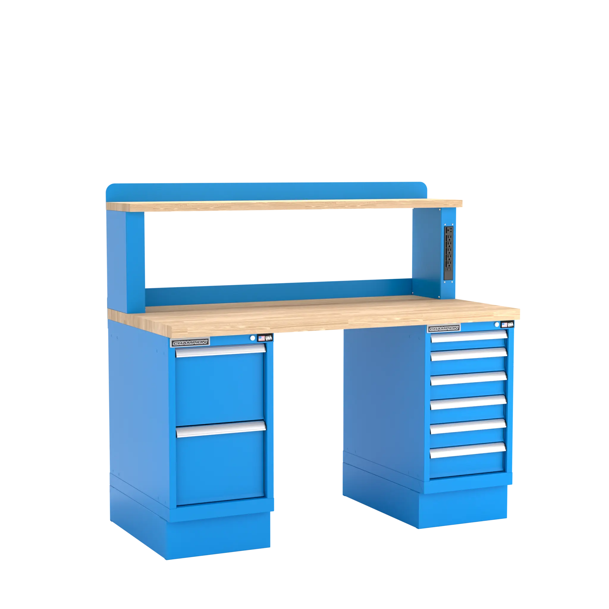 Champion Tool Industrial Workbench with Two Preconfigured 8-Drawer Cabinets and Power Riser Shelf, 60 W x 35-1/4 H x 30 D in - CM WB802-B6030 Champion Tool Storage
