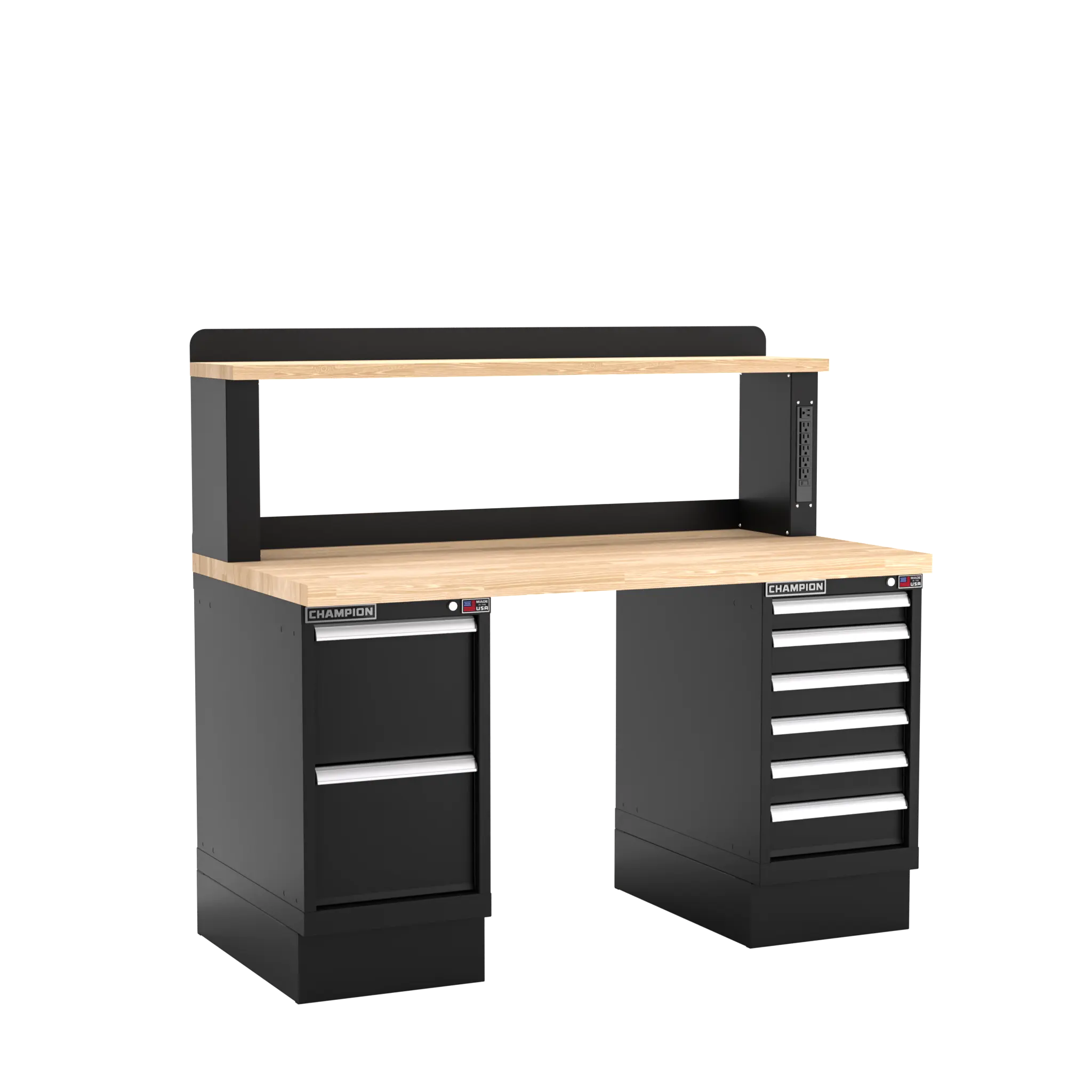 Champion Tool Industrial Workbench with Two Preconfigured 8-Drawer Cabinets and Power Riser Shelf, 60 W x 35-1/4 H x 30 D in - CM WB802-B6030 Champion Tool Storage