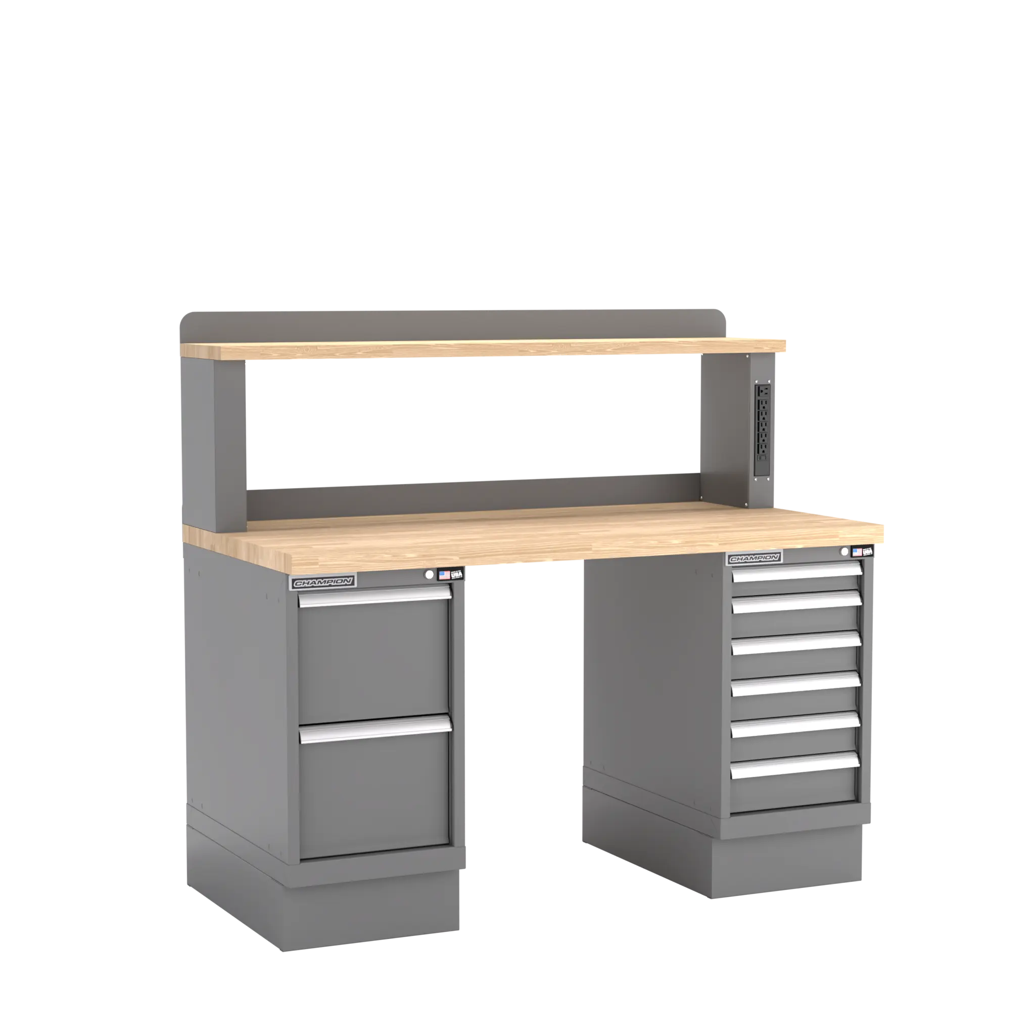 Champion Tool Industrial Workbench with Two Preconfigured 8-Drawer Cabinets and Power Riser Shelf, 60 W x 35-1/4 H x 30 D in - CM WB802-B6030 Champion Tool Storage