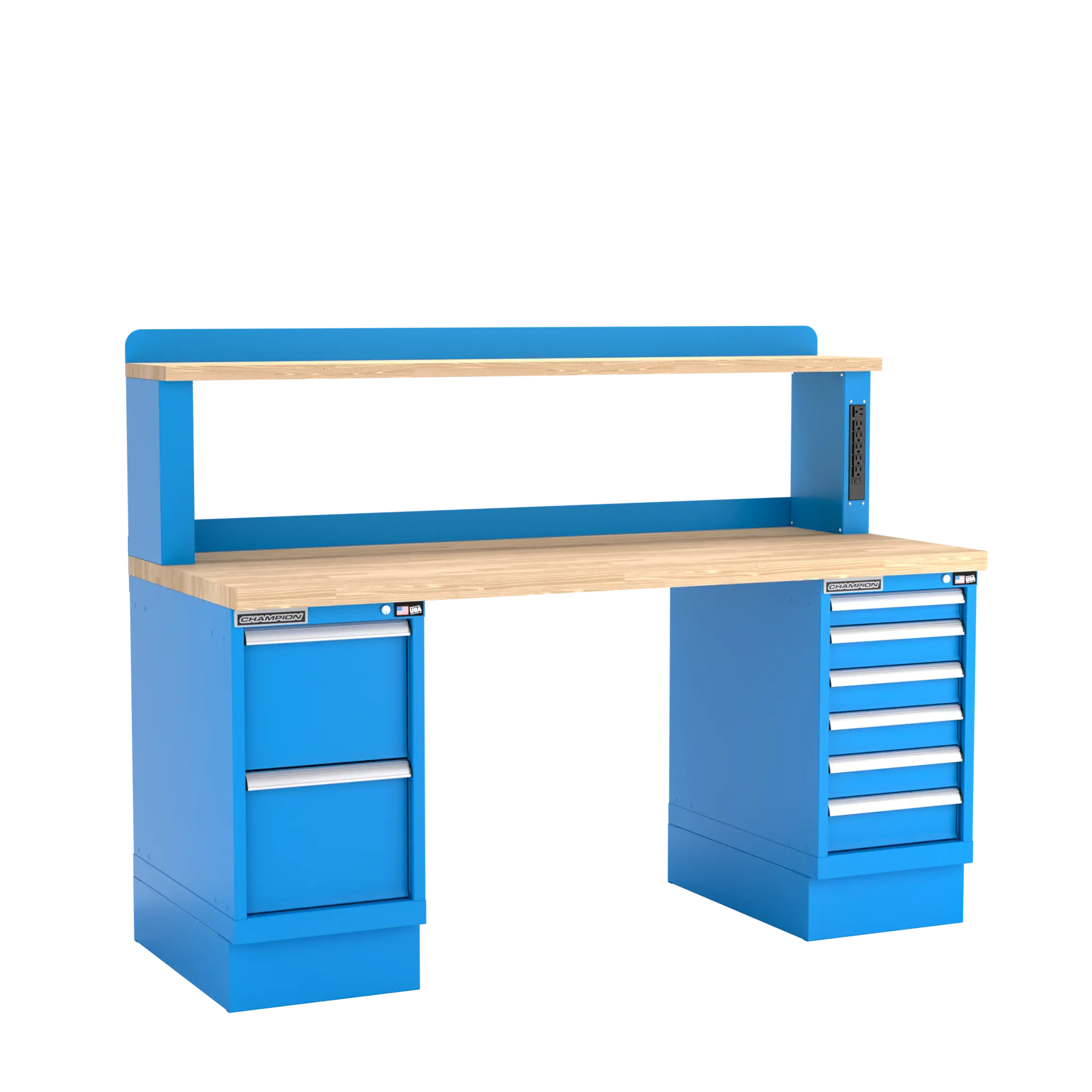 Champion Tool Industrial Workbench with Two Preconfigured 8-Drawer Cabinets and Power Riser Shelf, 72 W x 35-1/4 H x 30 D in - CM WB802-B7230 Champion Tool Storage