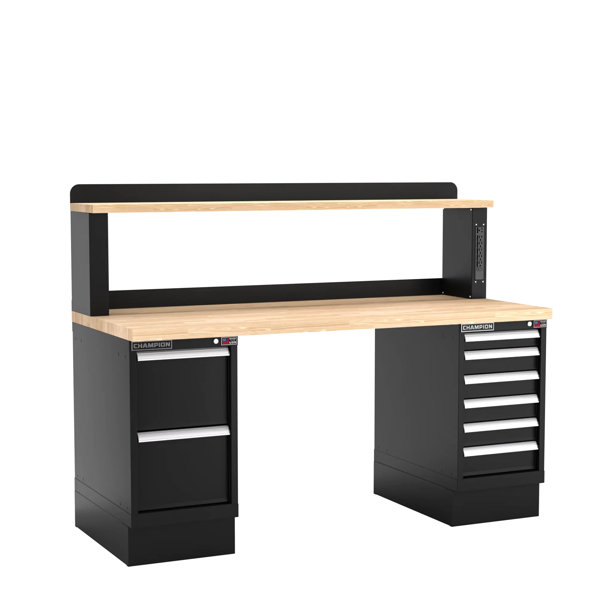 Champion Tool Industrial Workbench with Two Preconfigured 8-Drawer Cabinets and Power Riser Shelf, 72 W x 35-1/4 H x 30 D in - CM WB802-B7230 Champion Tool Storage