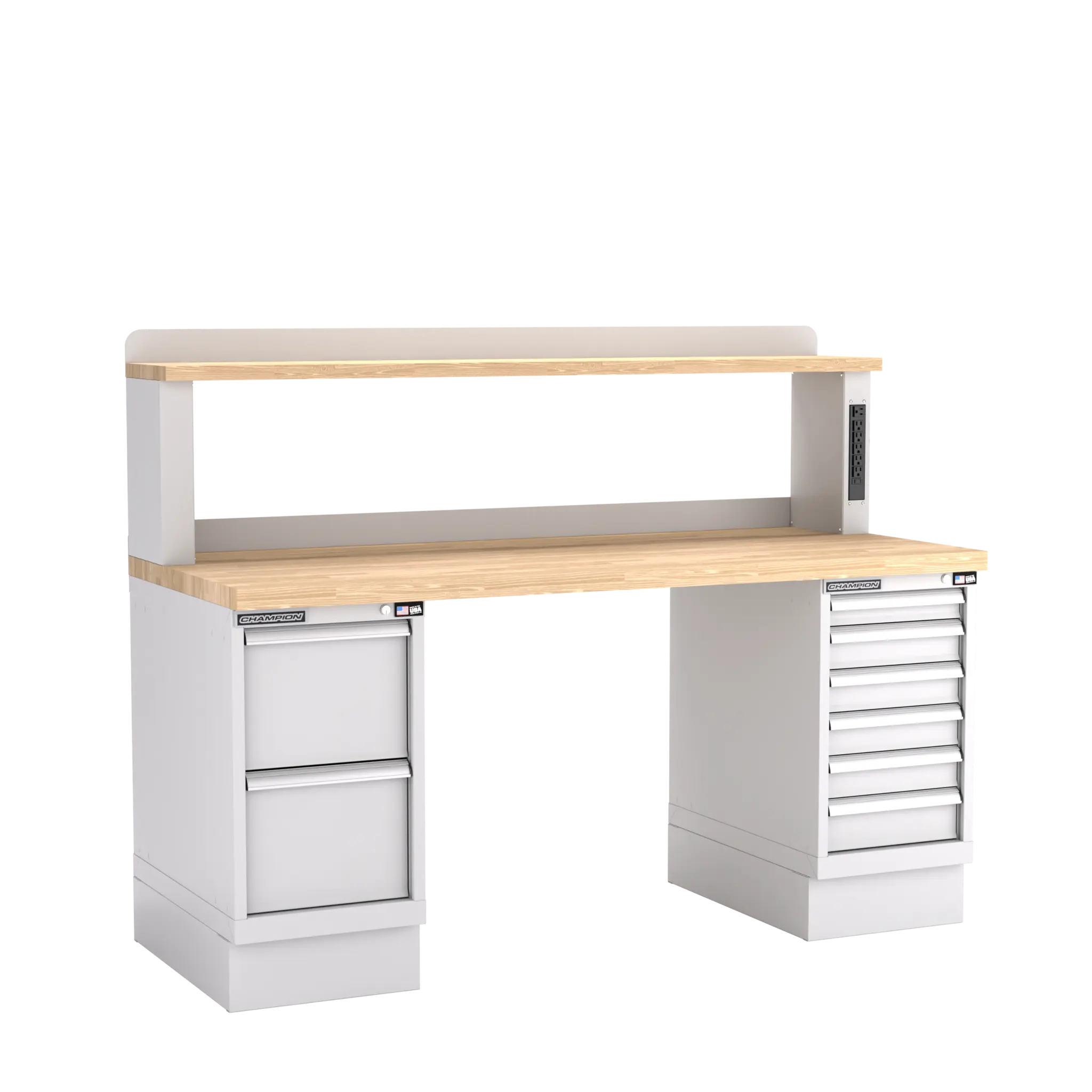 Champion Tool Industrial Workbench with Two Preconfigured 8-Drawer Cabinets and Power Riser Shelf, 72 W x 35-1/4 H x 30 D in - CM WB802-B7230 Champion Tool Storage
