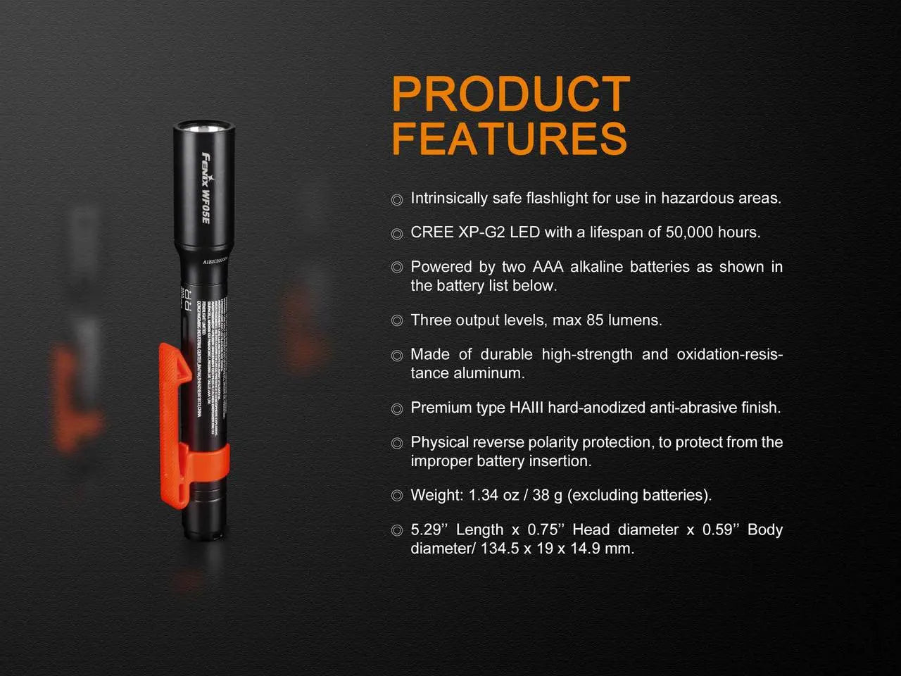Fenix 85 Lumen AAA Intrinsically Safe Flashlight - F FX-WF05E Fenix