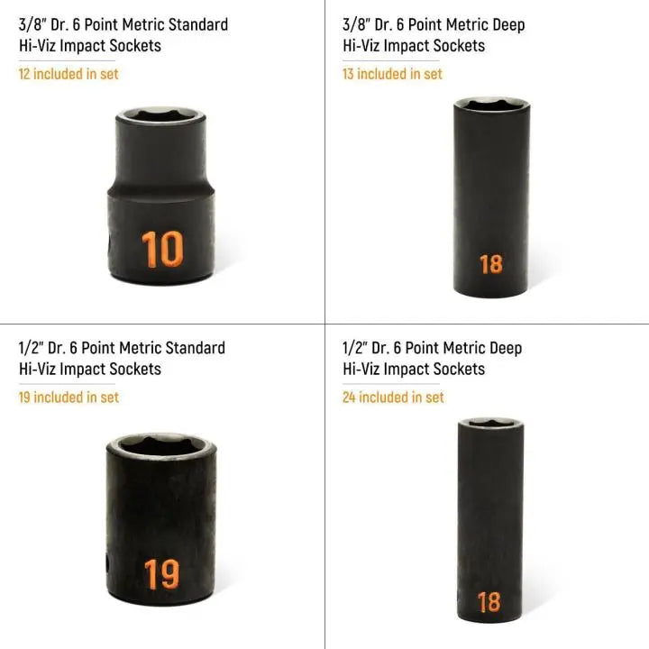 GEARWRENCH Set of 68 3/8 in and 1/2 in Drive 6 Point Standard and Deep Metric Hi-Viz Impact Socket with Foam Storage Tray - GW GWMSISKHMM