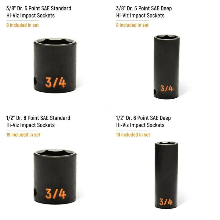 GEARWRENCH Set of 54 3/8 in and 1/2 in Drive 6 Point SAE Hi-Viz Standard and Deep Impact Socket with Foam Storage Tray - GW GWMSISKHSAE