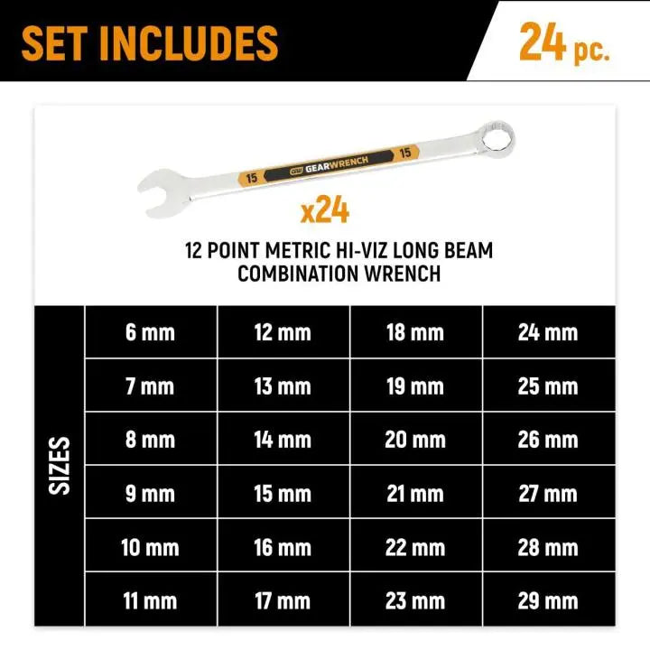 GEARWRENCH Set of 24 12 Point Long Pattern Metric Hi-Viz Combination Wrench with Foam Storage Tray - GW GWMSSWHMM