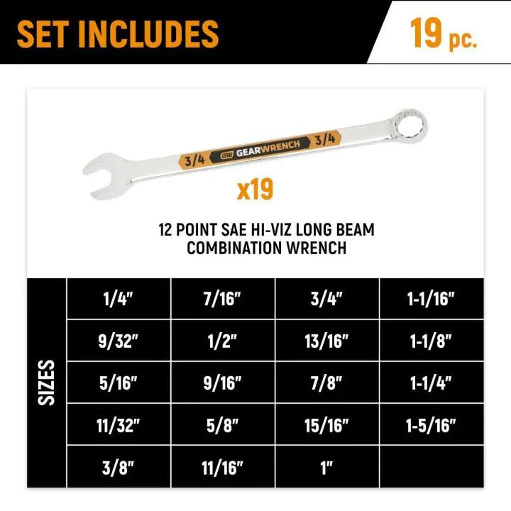 GEARWRENCH Set of 19 12 Point Long Pattern SAE Hi-Viz Combination Wrench with Foam Storage Tray - GW GWMSSWHSAE