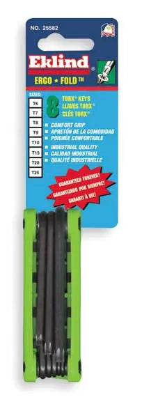Eklind Set of 8 Short Torx Ergo-Fold Key with Handle - EK 25582 Torx Ergo-Fold Key Set Eklind