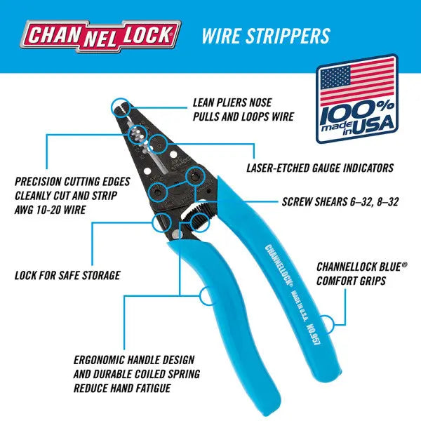 Channellock 10-20 AWG Strip, Cut, Curved Wire Stripper, 7 in - CL 957 Wire Stripper Channellock