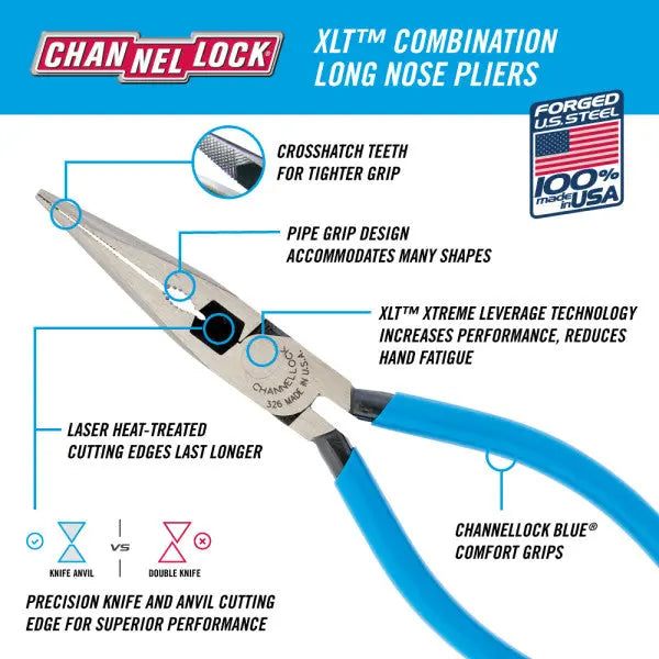 Channellock XLT Combination Long Nose Plier with Cutter, 6.53 in - CL 326 Pliers Channellock