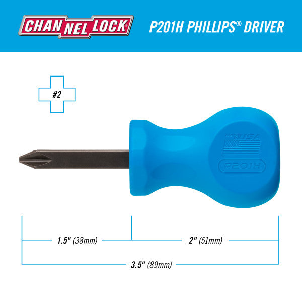 Channellock Magnetic Tip Stubby Professional Phillips Screwdriver, PH2 x 1.5 in - CL P201H