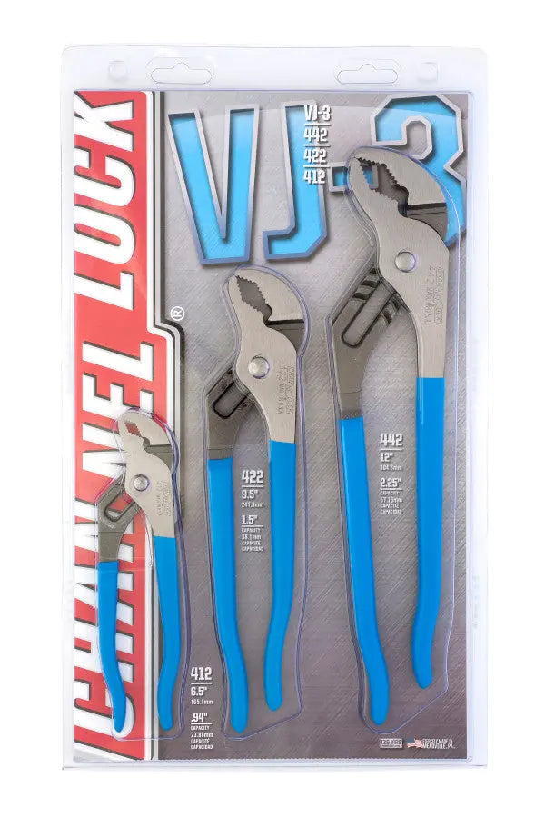 Channellock Set of 3 V-Jaw Tongue and Groove Pliers, 6.5, 9.5, 12 in - CL VJ-3 Plier Set Channellock