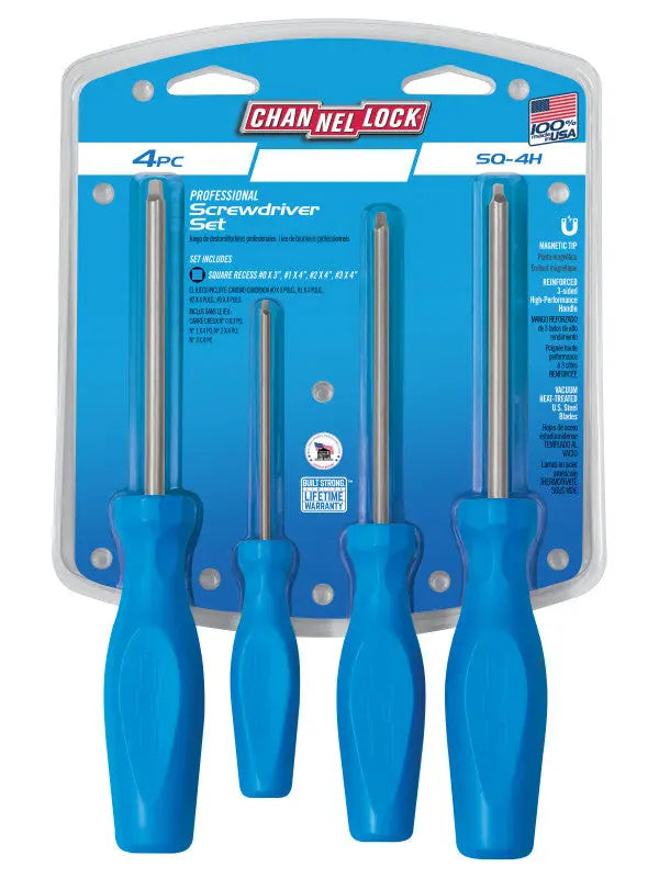 Channellock Set of 4 Tri-lobe Grip Natural Finish Square Recess Screwdrivers - CL SQ-4H Screwdriver Set Channellock