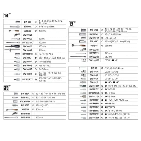 Beta Tools (Article# BW 903E/C170) Set of 74 Hexagon Sockets, 42 Bits, 30 Socket Drivers, 7 Offset Hexagon Key Wrenches and 17 Accessories Assortment Tools with Plastic Case - BT 009036070 