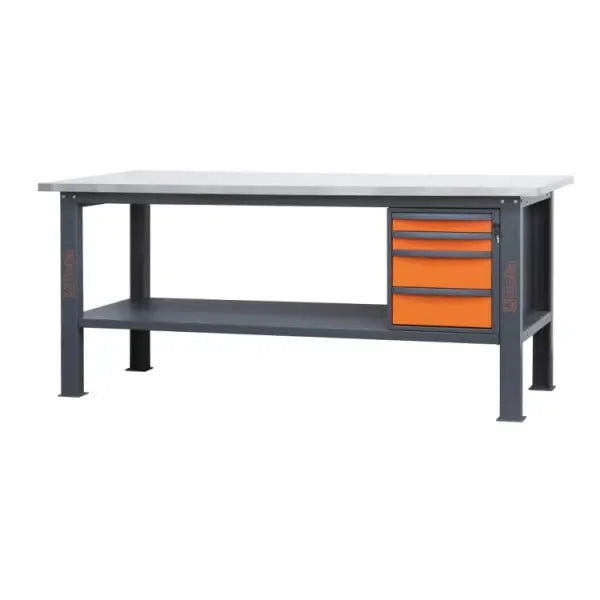 Beta Tools (Article# C58BC-X2,1 4C) 4-Drawers Stainless Steel Coated MDF Workbench with Worktop, 2.1 m Long - BT 058000623 