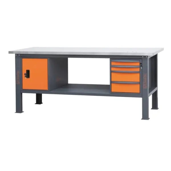 Beta Tools (Article# C58BC-X2,1 4CA) 4-Drawers and Door Stainless Steel Coated MDF Workbench with Worktop, 2.1 m Long - BT 058000624 