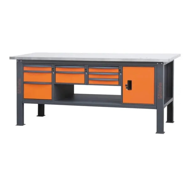 Beta Tools (Article# C58BC-X2,1 8CA) 8-Drawers and Door Stainless Steel Coated MDF Workbench with Worktop, 2.1 m Long - BT 058000625 