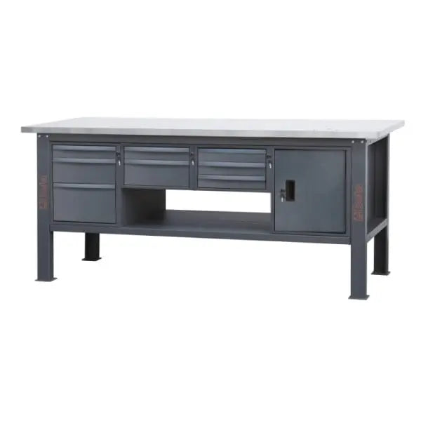 Beta Tools (Article# C58BC-X2,1 8CA) 8-Drawers and Door Stainless Steel Coated MDF Workbench with Worktop, 2.1 m Long - BT 058000625 