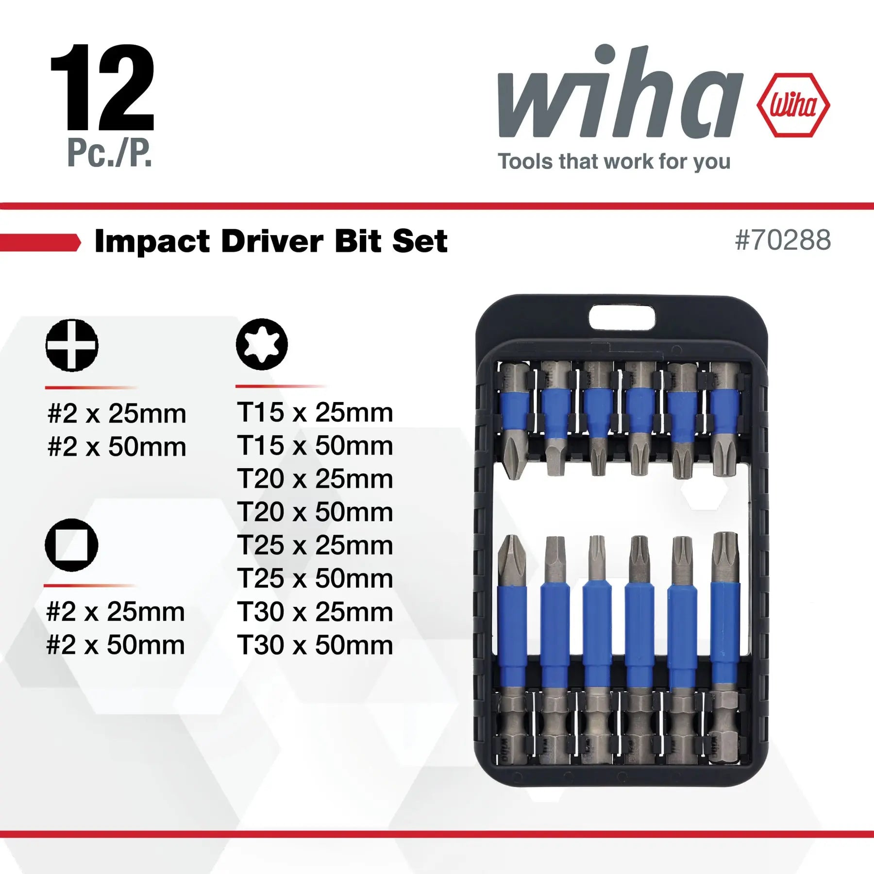 Wiha Set of 12 TerminatorBlue Impact Driver Bits - WI 70288 Wiha