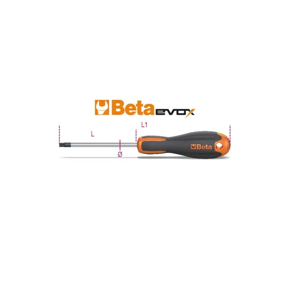 Beta Tools (Article# 1208E/RTX 20) T20 Evox Tamper Resistant Torx Screwdriver, Chrome-Plated, Black Tips, OAL 100mm - BT 12081020 Beta Tools