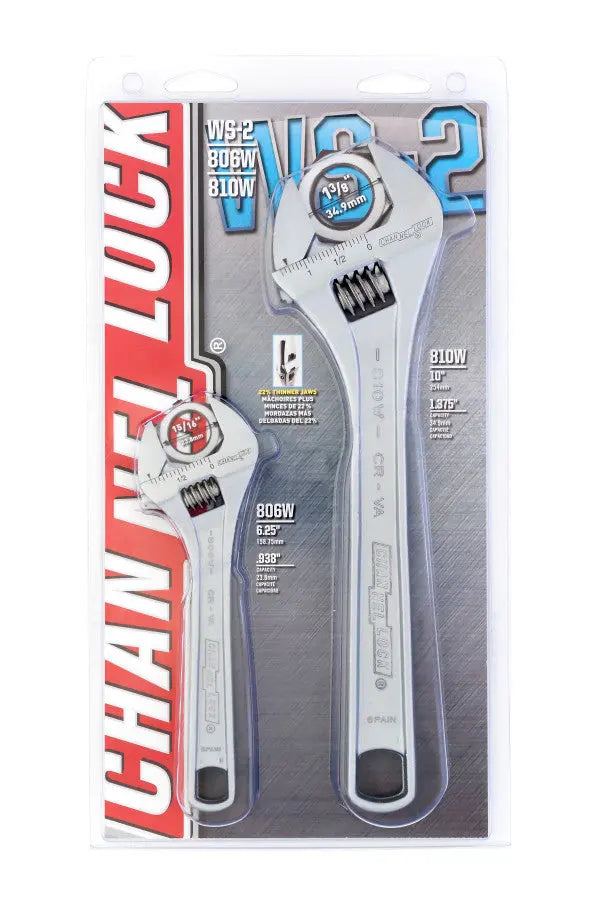 Channellock Set of 2 Chrome Adjustable Wrenches, 6, 10 in - CL WS-2 Adjustable Wrench Set Channellock