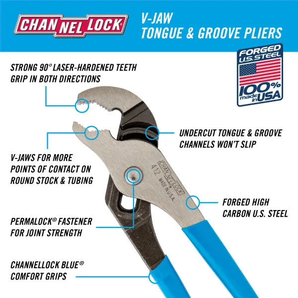 Channellock V-Jaw Tongue and Groove Plier, 6.5 in - CL 412 Channellock