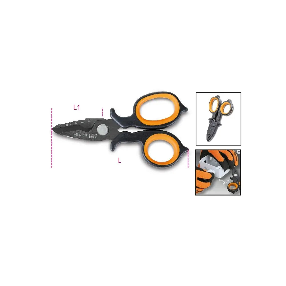 Beta Tools (Article# 1128BAX) Double-Acting Electrician's Scissor with Milling Profile in DLC-Coated Stainless Steel, 150mm - BT 11280088 Beta Tools