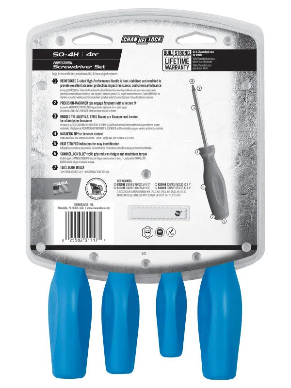 Channellock Set of 4 Tri-lobe Grip Natural Finish Square Recess Screwdrivers - CL SQ-4H Screwdriver Set Channellock