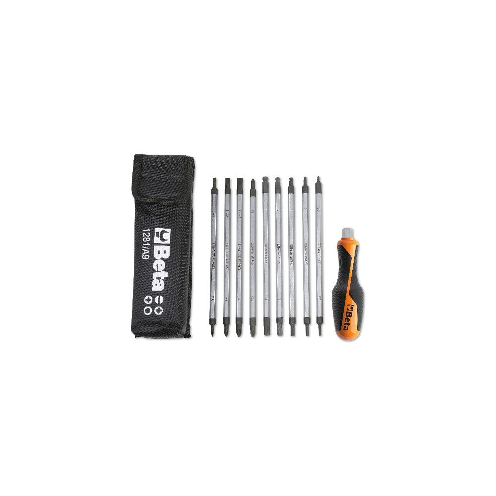 Beta Tools (Article# 1281BG/A9) Set of 9 Reversible Screwdriver Bits and 1 Handle with Case - BT 12810520