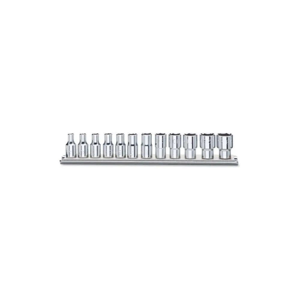 Beta Tools (Article# 900MB/SB12) Set of 12 Hexagon Hand Socket with Rail, Long Series, 6 Point 1/4 in Drive, 4mm-14mm - BT 9000179 Beta Tools