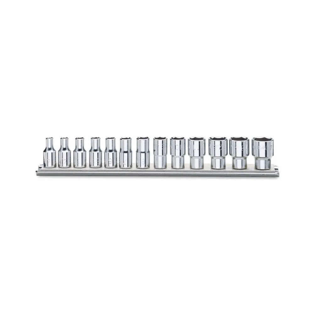 Beta Tools (Article# 900/SB13) Set of 13 Hexagon Hand Socket with Rail, 6 Point 1/4 in Drive, 4mm-14mm - BT 9000150 Beta Tools