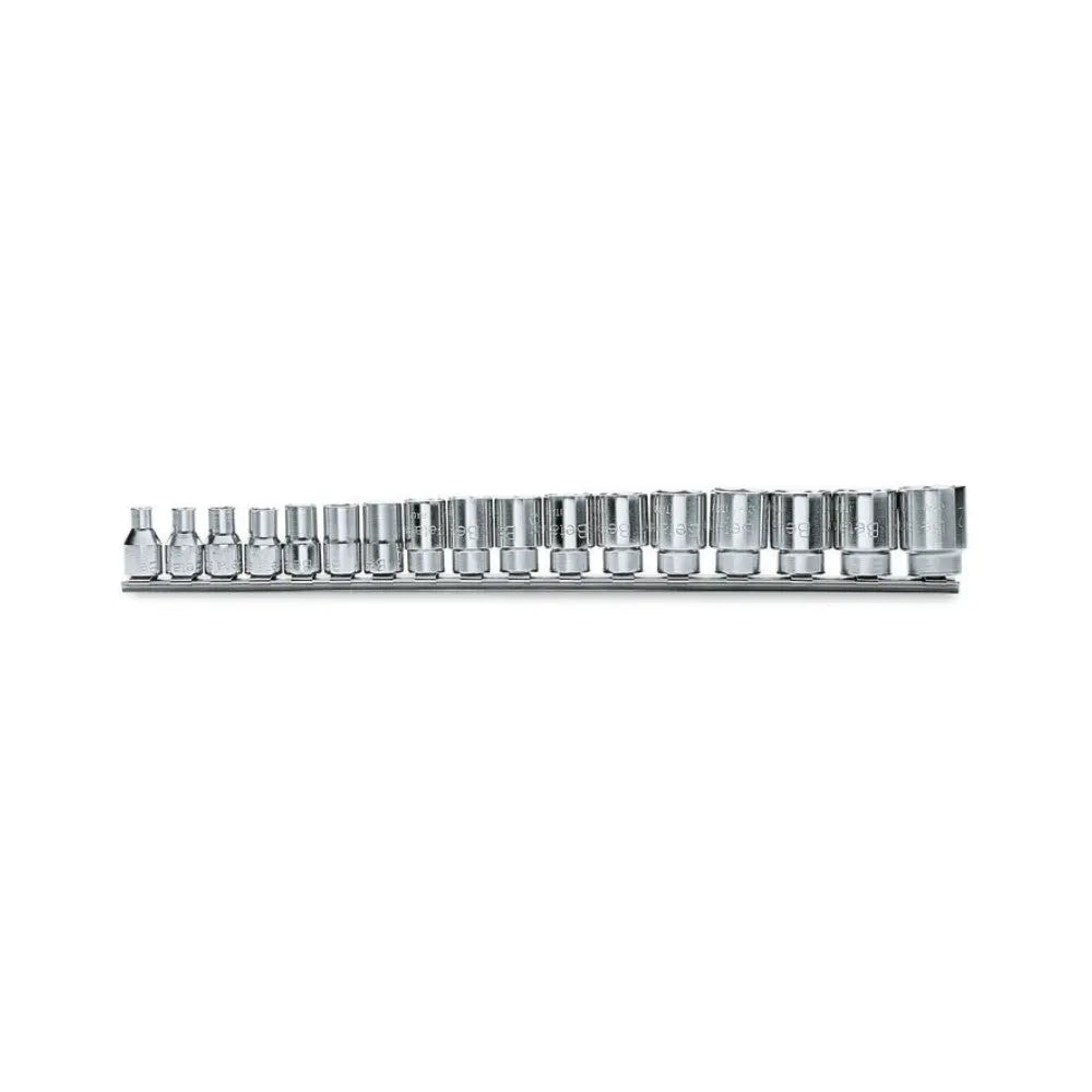Beta Tools (Article# 910B/SB17) Set of 17 Bi-Hexagon Hand Socket on Rail, 12 Point 3/8 in Drive, Chrome-Plated, 6mm to 22mm - BT 9100130 Beta Tools